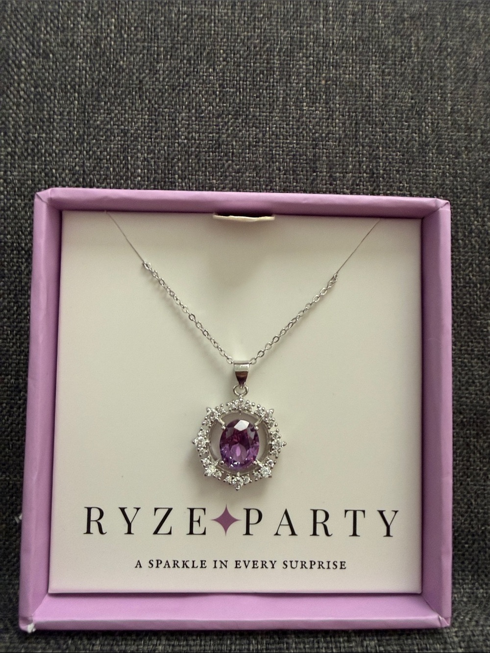 Ryze Party Sterling.925 Silver Necklace with Purple Gem Halo Pendant